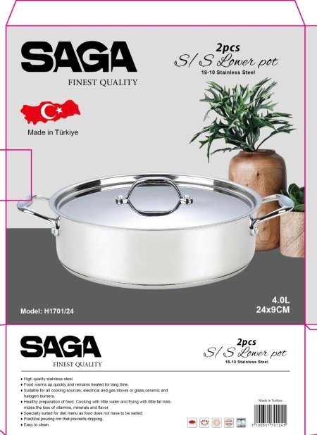 قدر ساجا التركي من الفولاذ المقاوم للصدأ 18/10 | الموديل: H1701/24 | 24 سم - 4 لتر